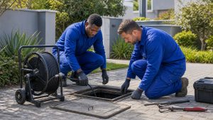 H2O Plumbers checking an outdoor drain for blocked drain warning signs in the Garden Route