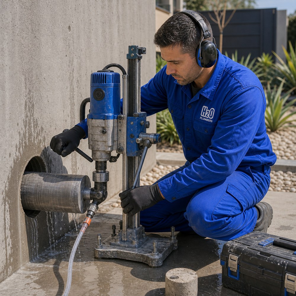 Core drilling equipment used for plumbing pipe access in George