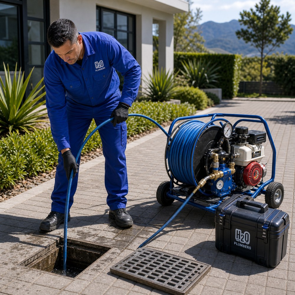 Drain hydro jetting hose and equipment clearing a blocked drain in the Garden Route