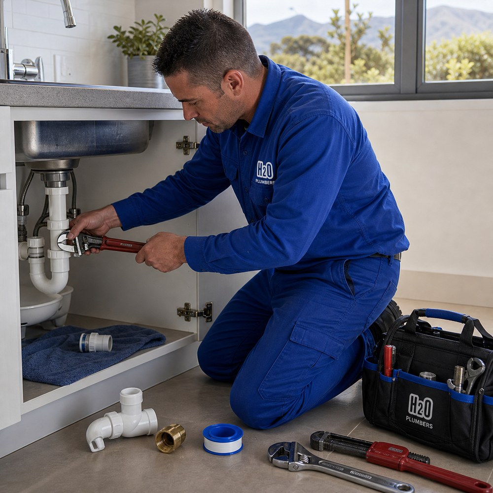 General plumbing repair under a sink by H2O Plumbers in the Garden Route
