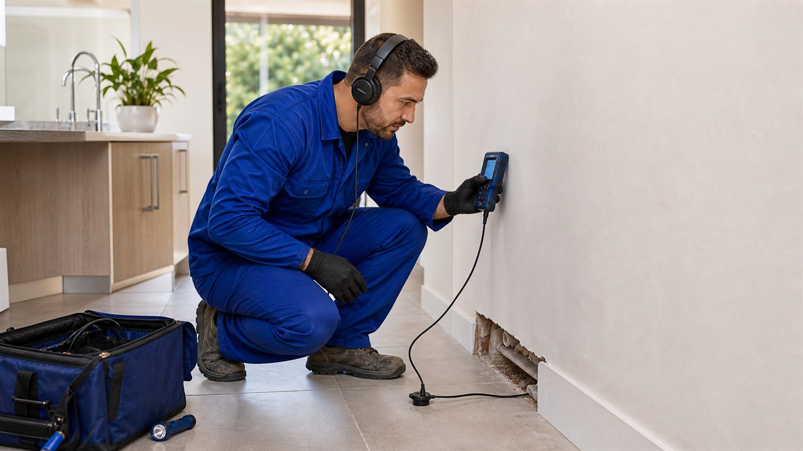 H2O Plumbers using leak detection equipment to check for hidden water leaks in the Garden Route