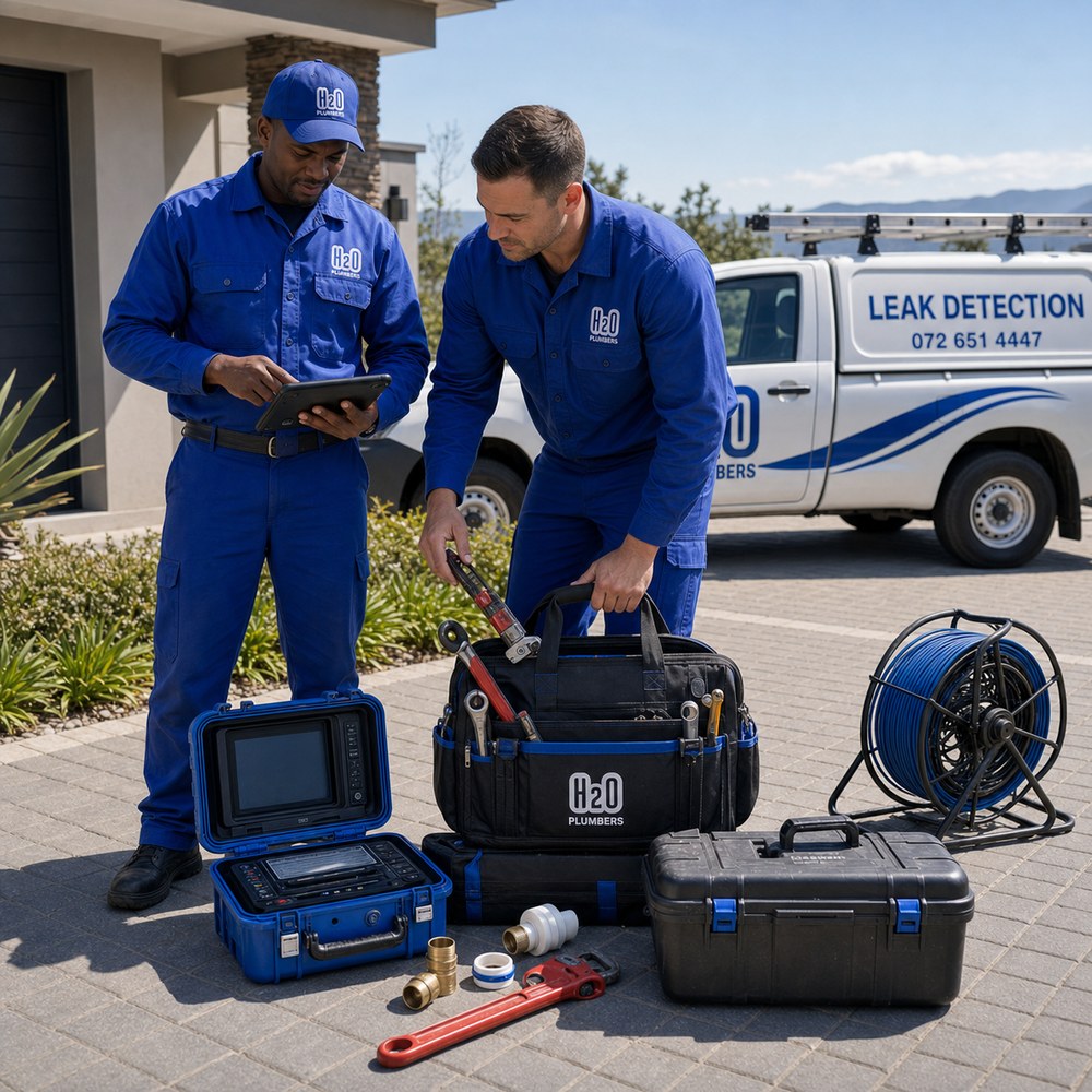 H2O Plumbers team reviewing equipment before a plumbing callout in the Garden Route