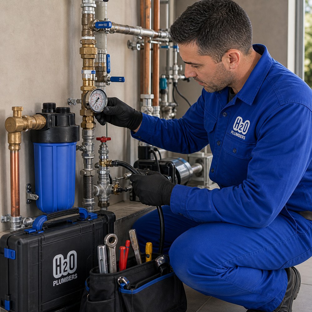 H2O Plumbers technician checking tidy pipework and fittings in the Garden Route