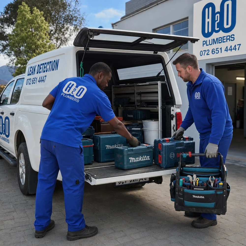 H2O Plumbers qualified team loading organised plumbing tools for Garden Route service calls
